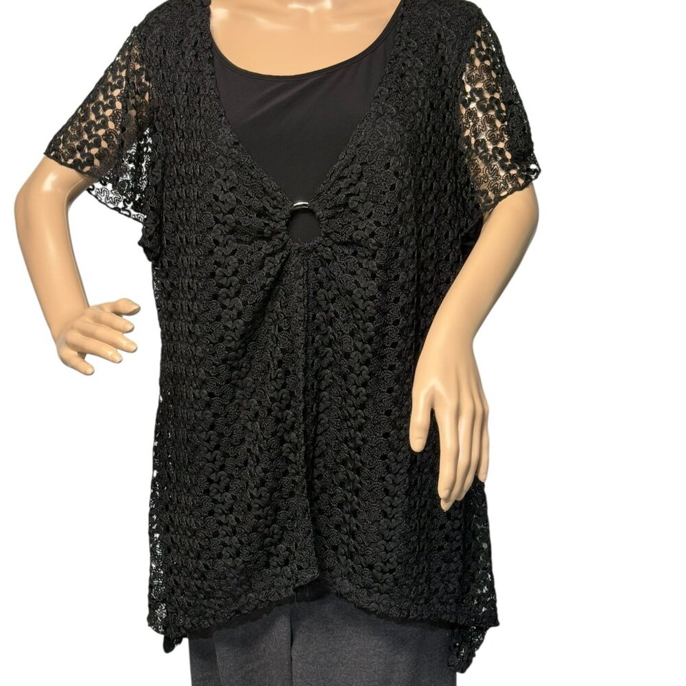 Women's Plus Size Dressbarn Crotchet Overlay Short Sleeve Blouse - 2X Black
